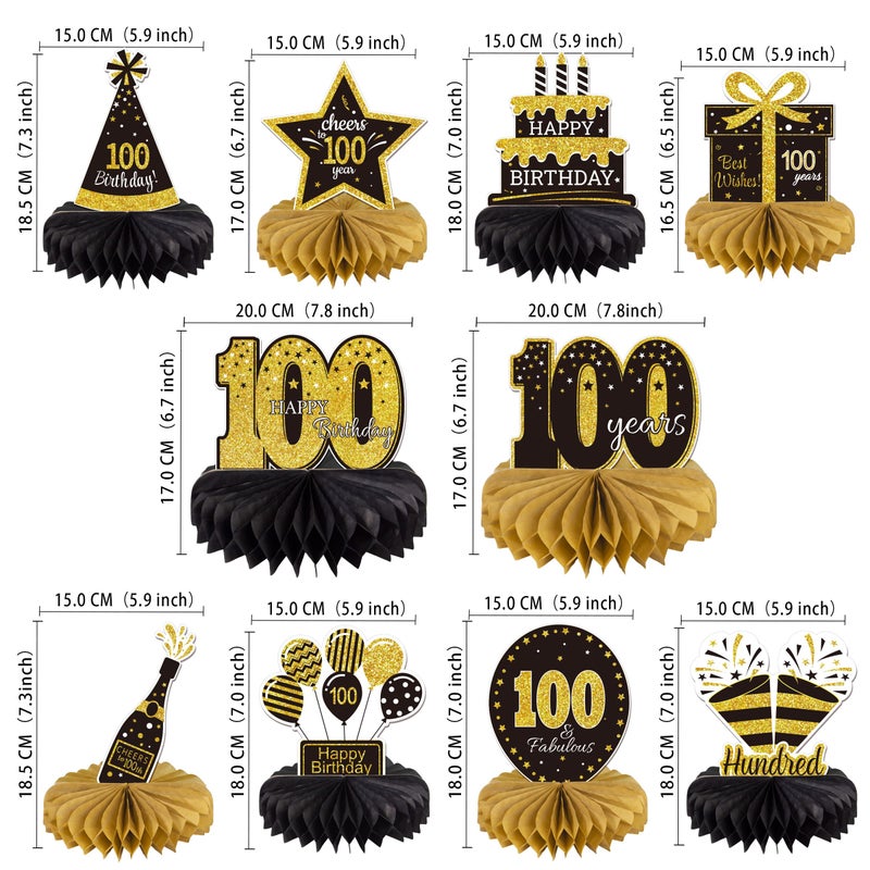 Gexolenu 10 Pcs 100 Birthday Honeycomb Centerpieces Gold Black Cheers to 100 Years Birthday Centerpieces Tables Toppers for Men Women One Hundred Birthday Birthday Party Decorations Supply - Image 2